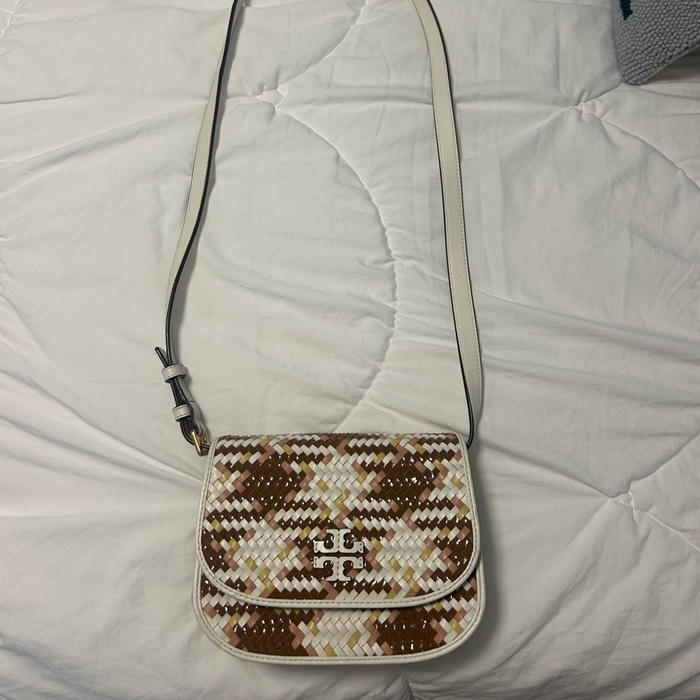 Tory Burch Tan and Cream Woven Crossbody Bag